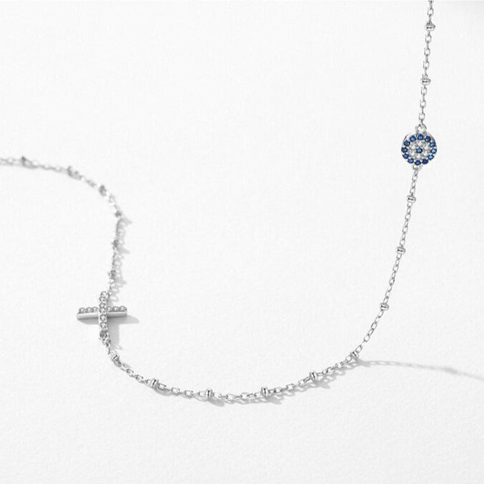 Colar de Prata Cruz e Olho Grego