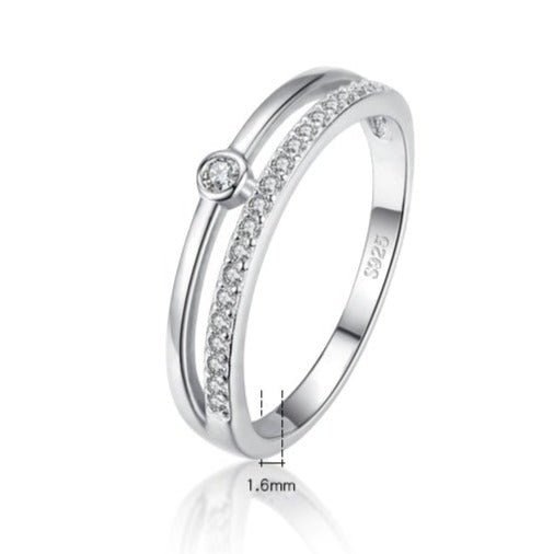 Anel Solitário Prata Duplo com Cravejados de Zircônia