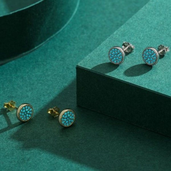 Brinco Prata Redondo Turquesa Vintage