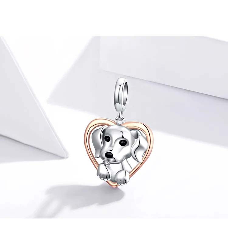 Berloque com Pingente Cão e Coração em Prata 925
