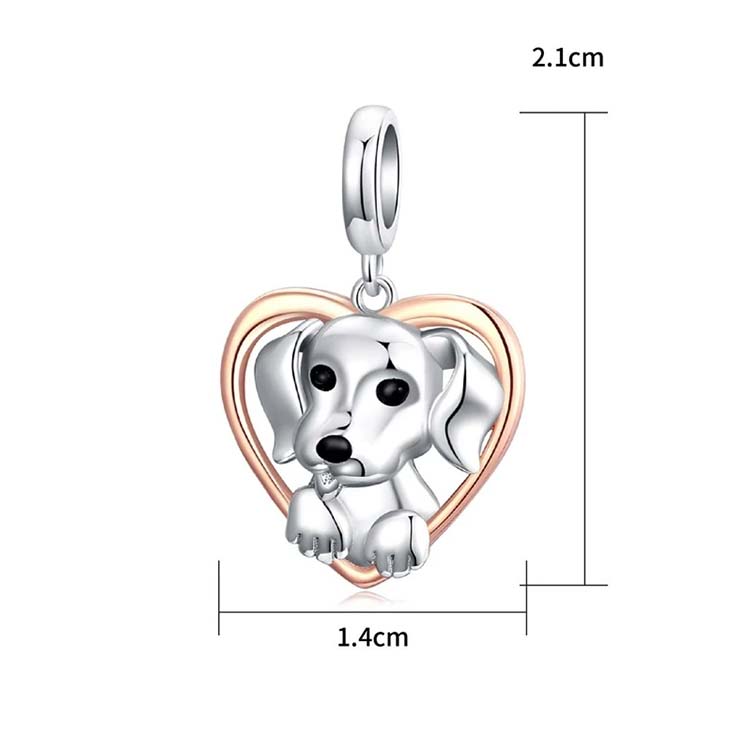 Berloque com Pingente Cão e Coração em Prata 925