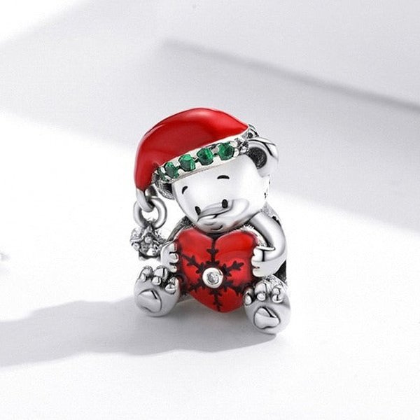 Berloque de Natal Urso com Gorro Prata