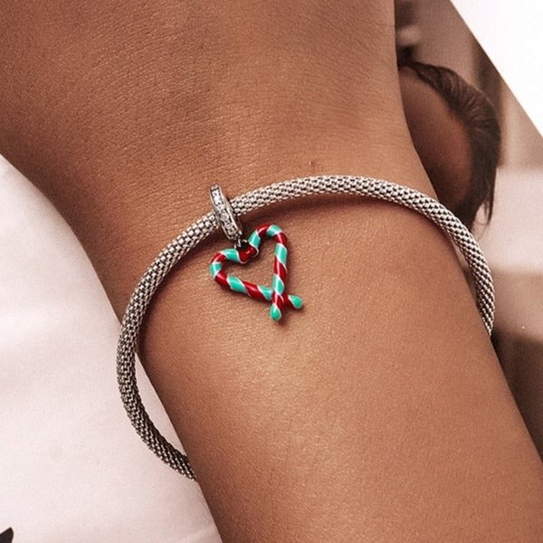 Berloque de Natal Coração Bengala de Açúcar Prata