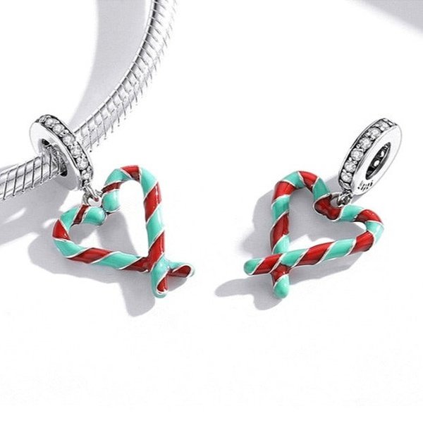 Berloque de Natal Coração Bengala de Açúcar Prata