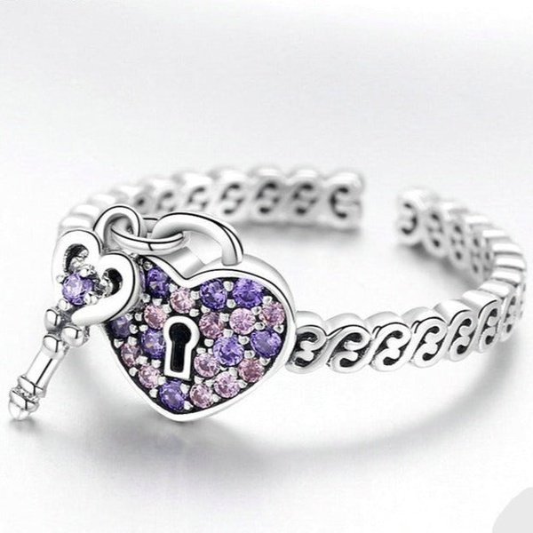 Anel Ajustável Cadeado de Coração Prata