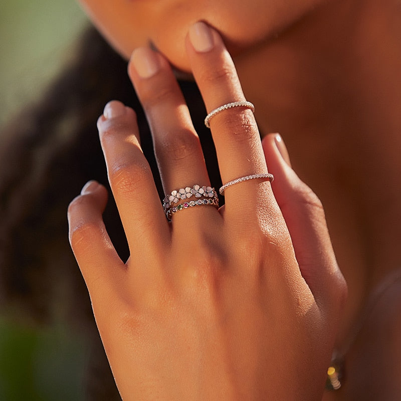 Anel de Flores Rosas Prata