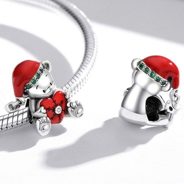 Berloque de Natal Urso com Gorro Prata