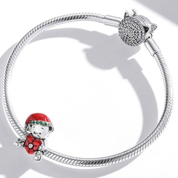 Berloque de Natal Urso com Gorro Prata