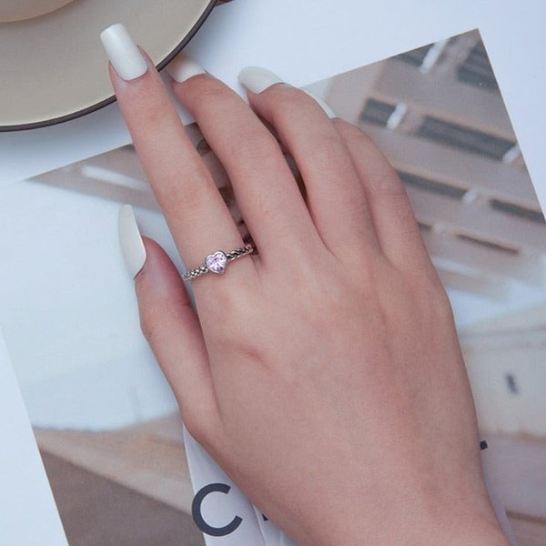 Anel Ajustável Cruzado Coração Rosa Prata