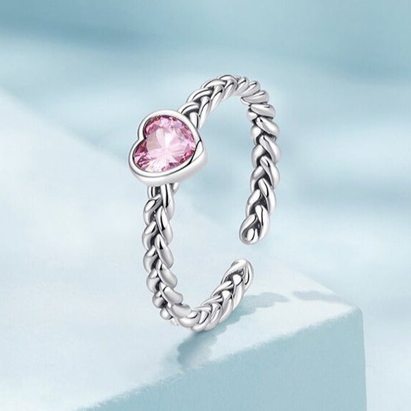 Anel Ajustável Cruzado Coração Rosa Prata