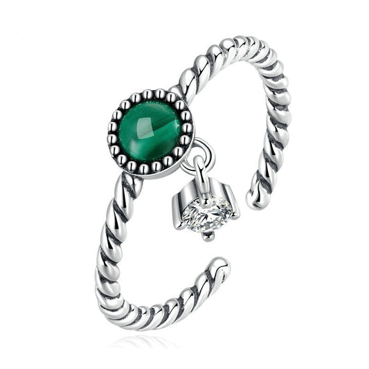 Anel Ajustável de Malaquita Prata