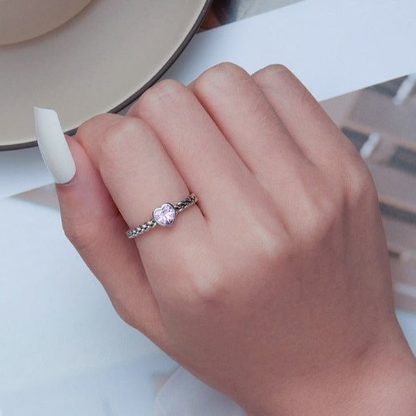 Anel Ajustável Cruzado Coração Rosa Prata