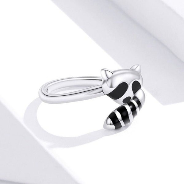 Anel Ajustável Prata Guaxinim Fofo