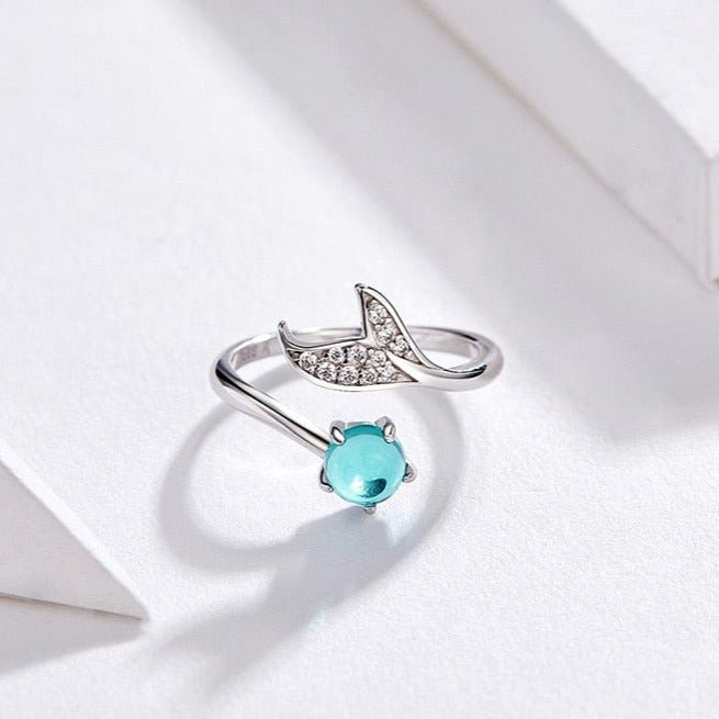 Anel Ajustável Prata Sereia Oceano Azul