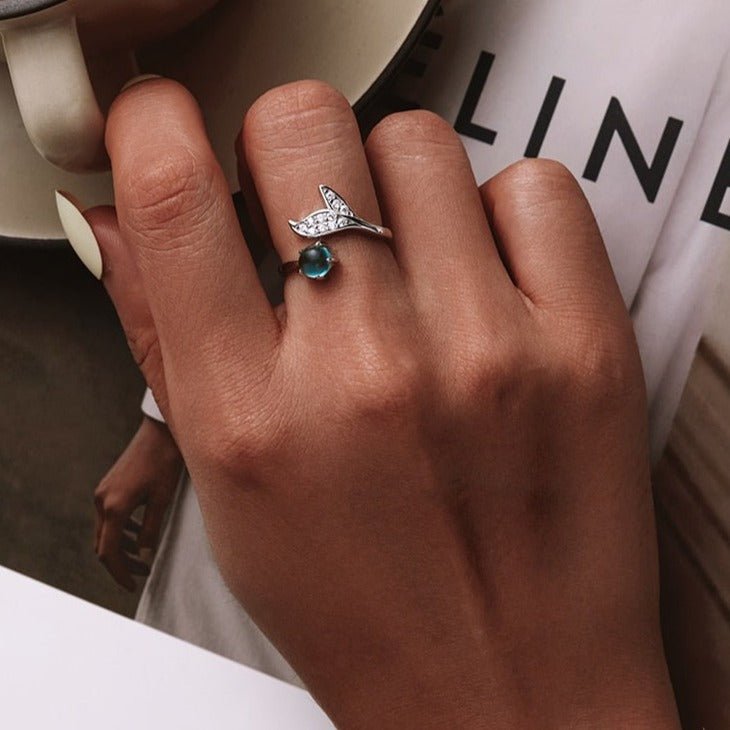 Anel Ajustável Prata Sereia Oceano Azul