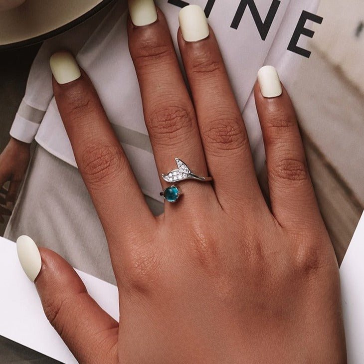 Anel Ajustável Prata Sereia Oceano Azul