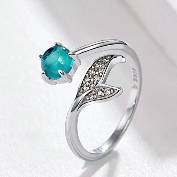 Anel Ajustável Prata Sereia Oceano Azul