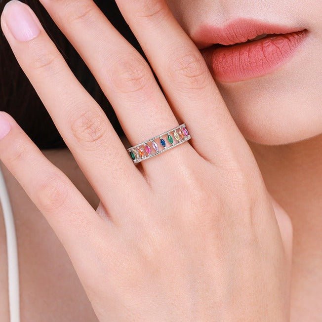 Anel Navete de Zircônias Coloridas Prata