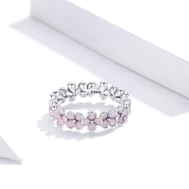 Anel de Flores Rosas Prata