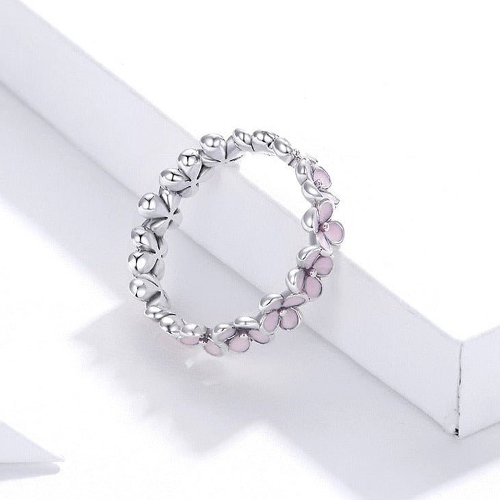 Anel de Flores Rosas Prata