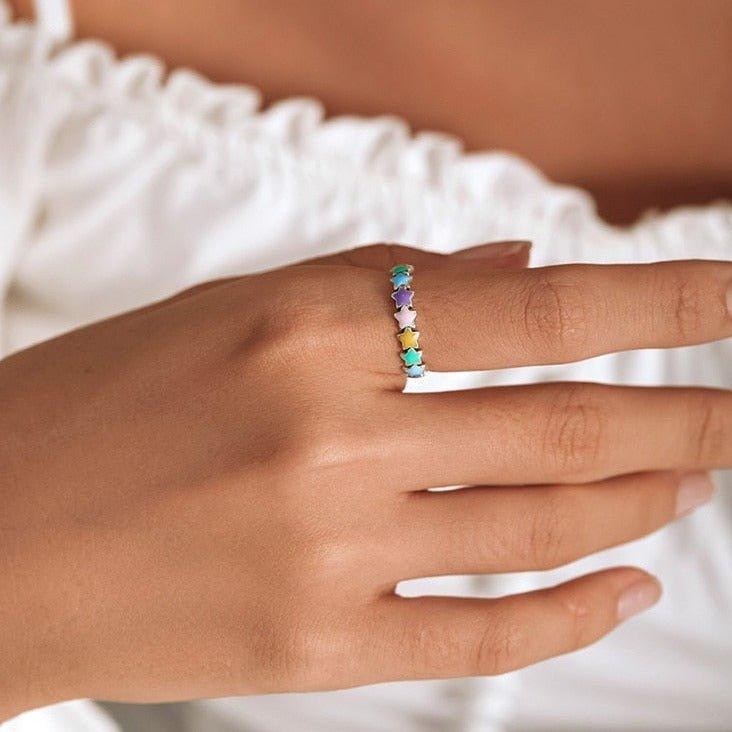 Anel Prata Estrelas Coloridas Rainbow