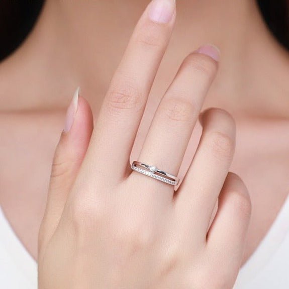 Anel Solitário Prata Duplo com Cravejados de Zircônia