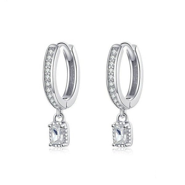 Brinco Argola com Pingente Quadrado de Zircônia Prata