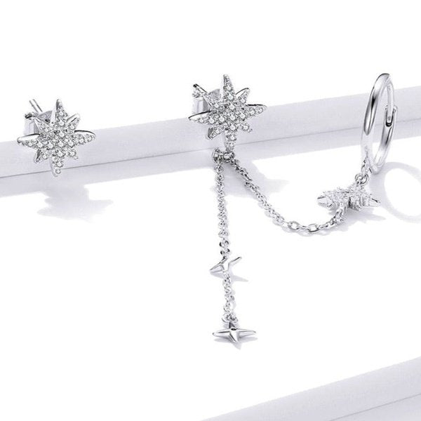 Brinco Prata Estrela com Corrente