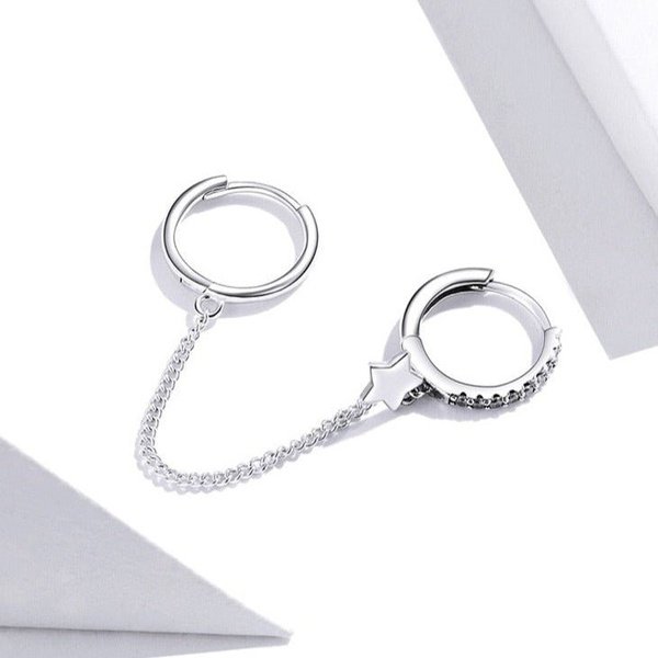 Brinco Prata Piercing Duplo Corrente