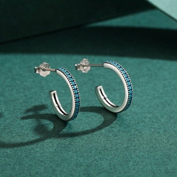 Brinco Prata Argolinha Turquesa Vintage