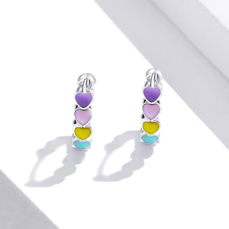 Brinco Prata de Argola Corações Coloridos Rainbow