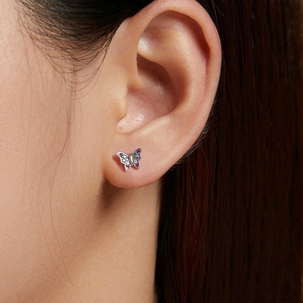 Brinco de Borboleta Colorida Prata