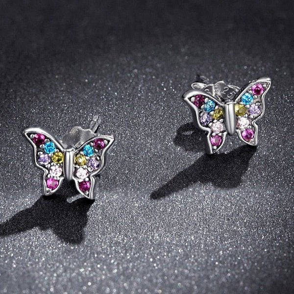 Brinco de Borboleta Colorida Prata